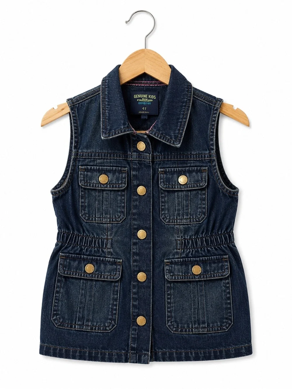 OshKosh B’gosh Genuine Kids Denim Utility Vest Girls 4T Dark Wash Snap Front